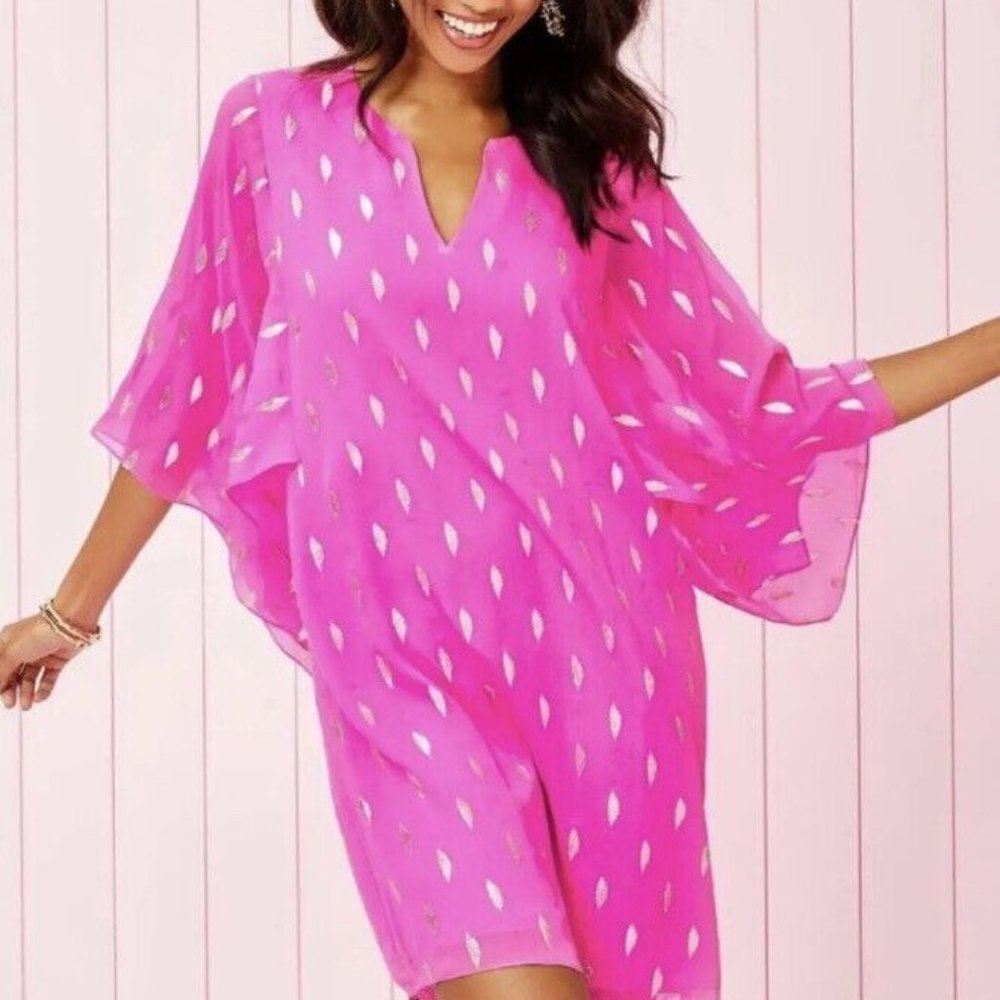 Lilly Pulitzer Shalynn Kaftan‎ Silk Dress Womens Size 00 Pink Gold Metallic
